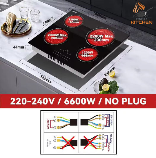 Zynella 60cm 4-Zone Ceramic Hob, Dual Ring, Touch Control, 6600W