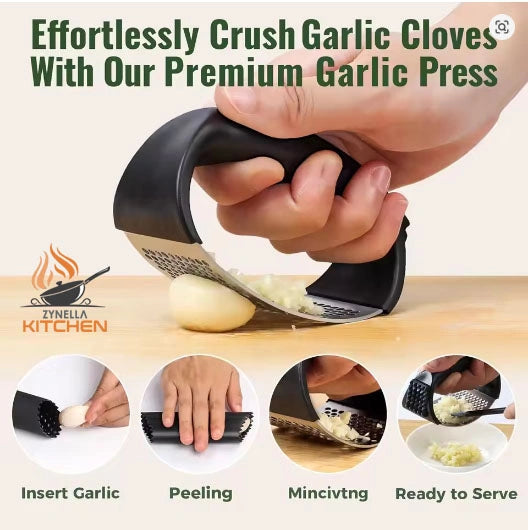 Stainless Steel Garlic Press Rocker – Easy-Squeeze Mincer with Peeler & Cleaning Brush