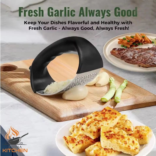 Stainless Steel Garlic Press Rocker – Easy-Squeeze Mincer with Peeler & Cleaning Brush