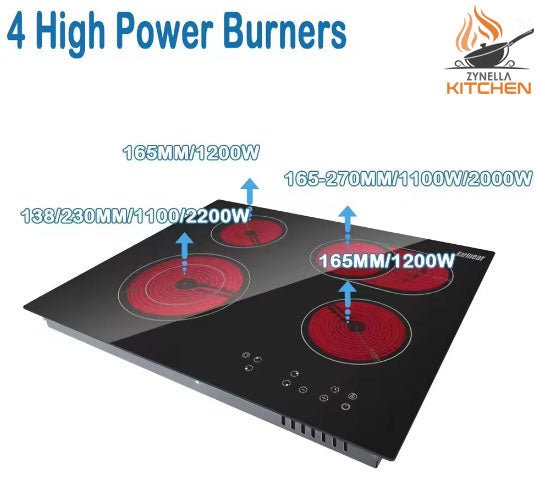 Zynella 60cm 4-Burner Ceramic Hob with Dual Expandable Zones & Touch Control