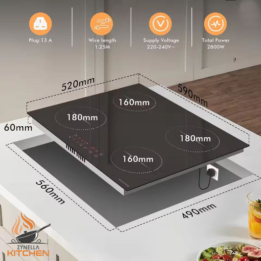 Zynella 60cm 4-Zone Plug-in Induction Hob with Touch Control & Safety Lock