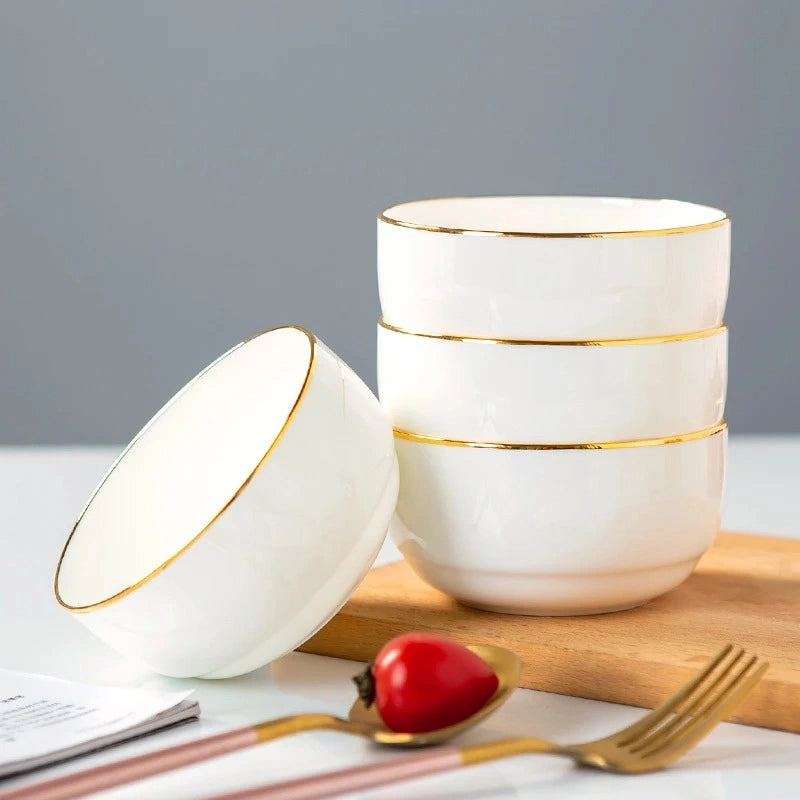 Zynella Set of 4 Bone China Porcelain Pasta Bowls with Gold Rim