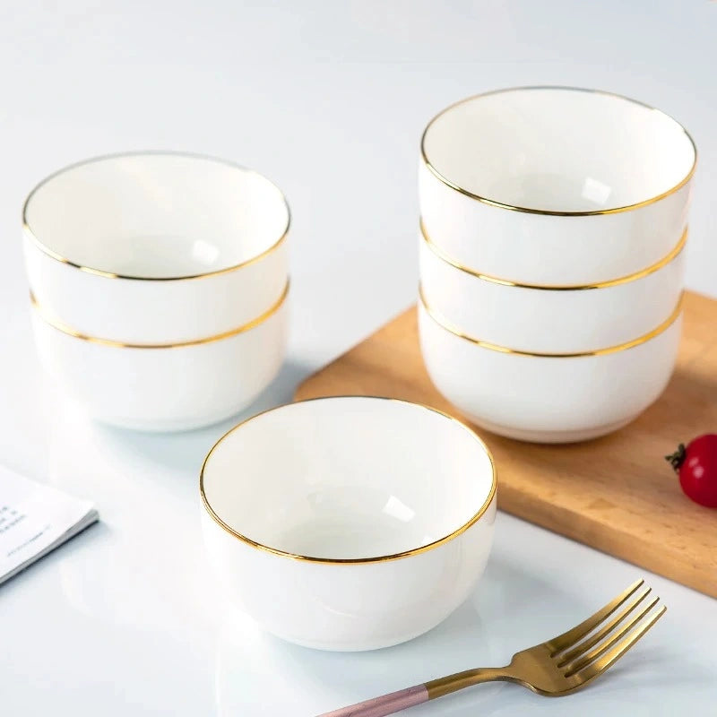 Zynella Set of 4 Bone China Porcelain Pasta Bowls with Gold Rim