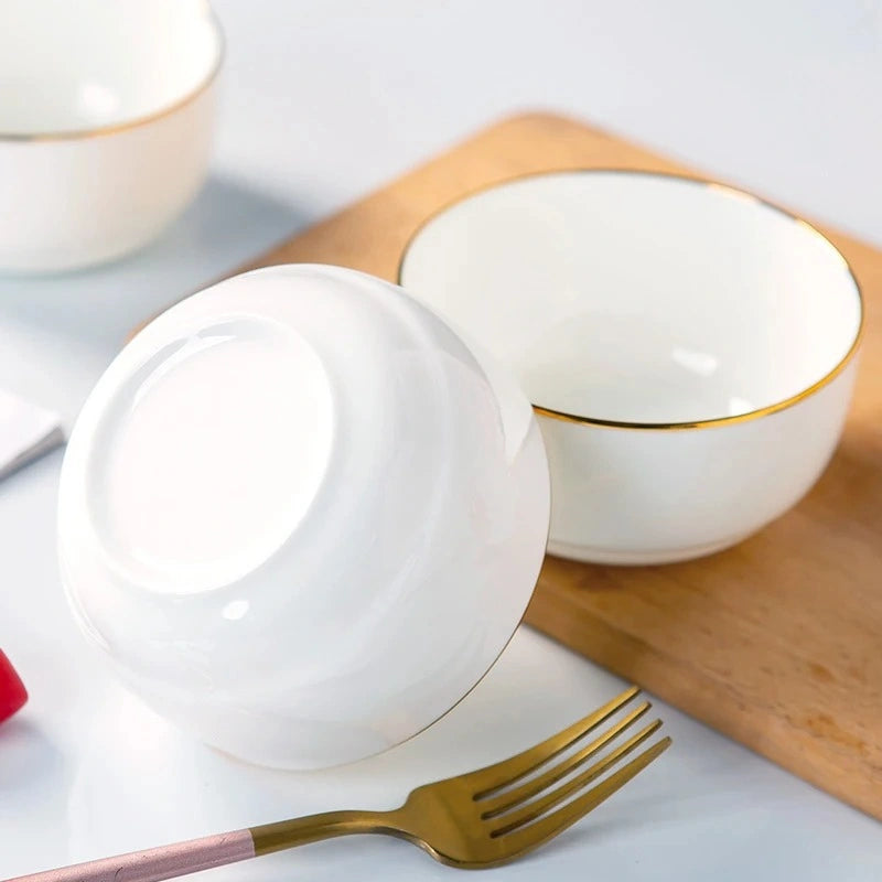 Zynella Set of 4 Bone China Porcelain Pasta Bowls with Gold Rim