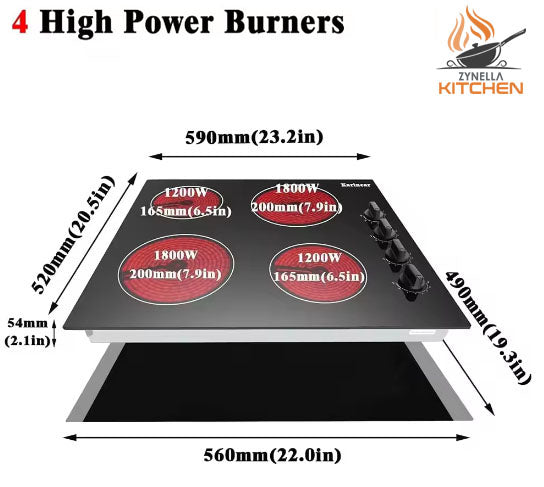 Zynella 24-Inch 4-Burner Electric Cooktop – Hardwired, Knob Control, 220-240V, 6000W