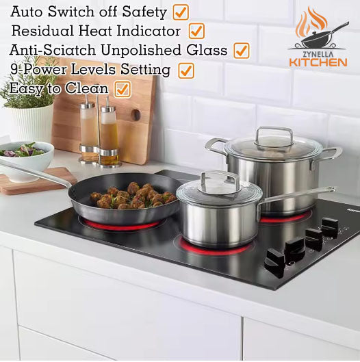 Zynella 24-Inch 4-Burner Electric Cooktop – Hardwired, Knob Control, 220-240V, 6000W