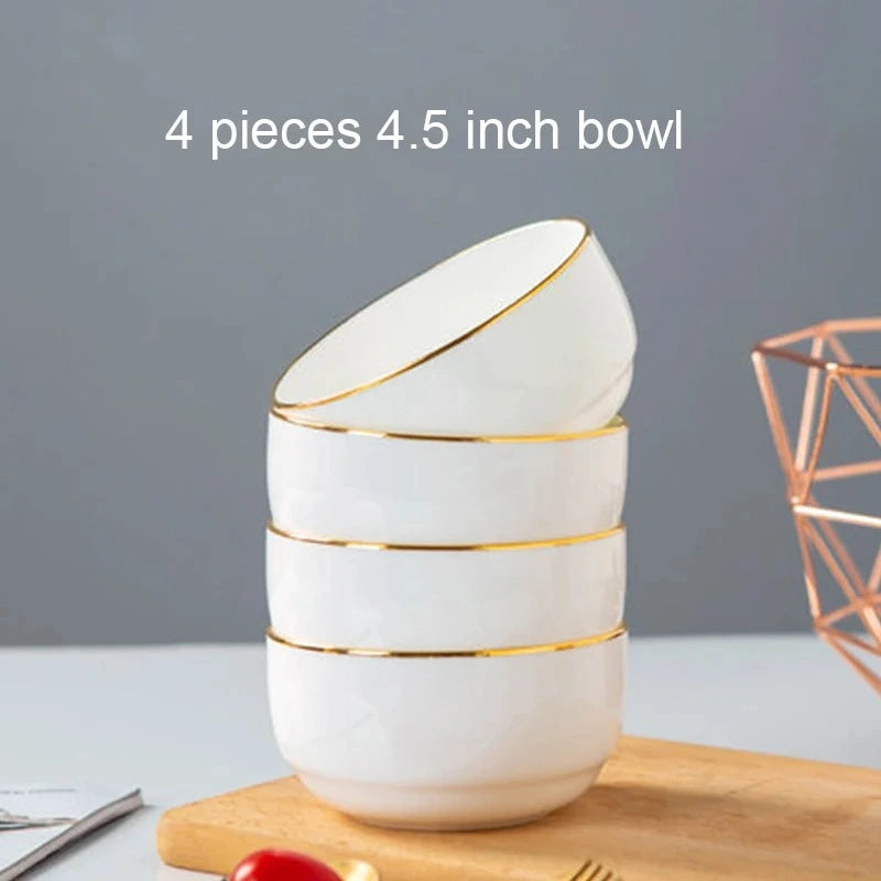 Zynella Set of 4 Bone China Porcelain Pasta Bowls with Gold Rim