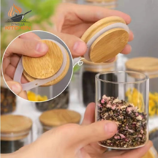 Zynella 12-Pack Glass Spice Jars with Bamboo Lids