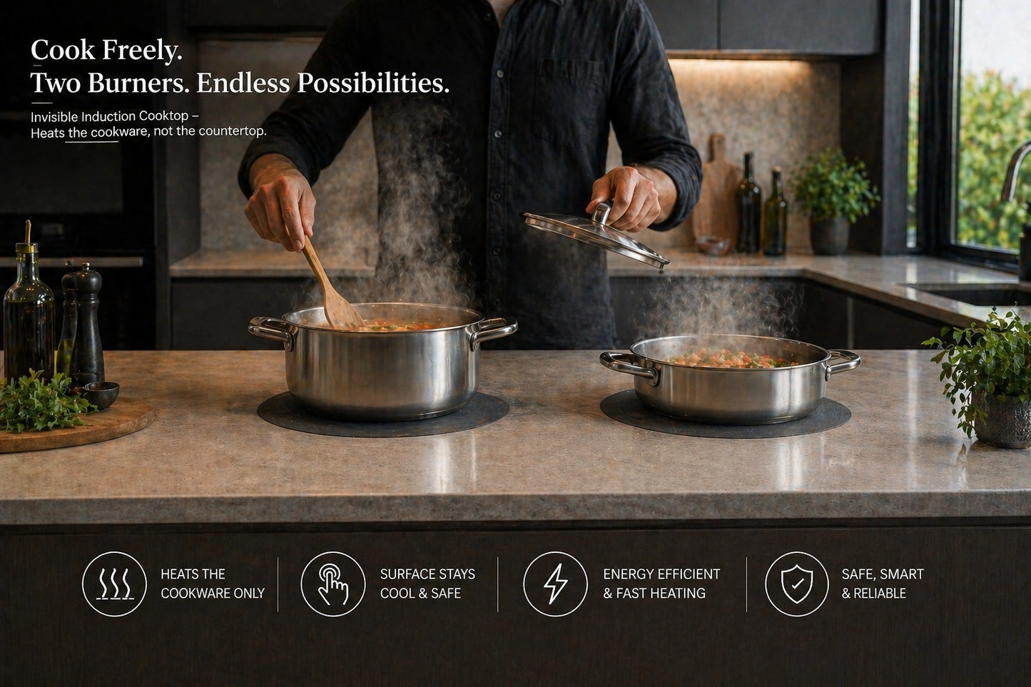 Dual-hob invisible induction touch control panel — 9 power levels, timer and child lock controls