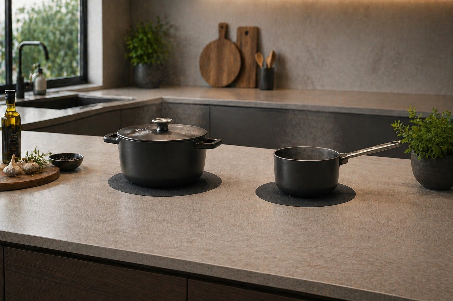 Hidden induction cooktop installed under granite countertop — seamless kitchen surface with no visible burners