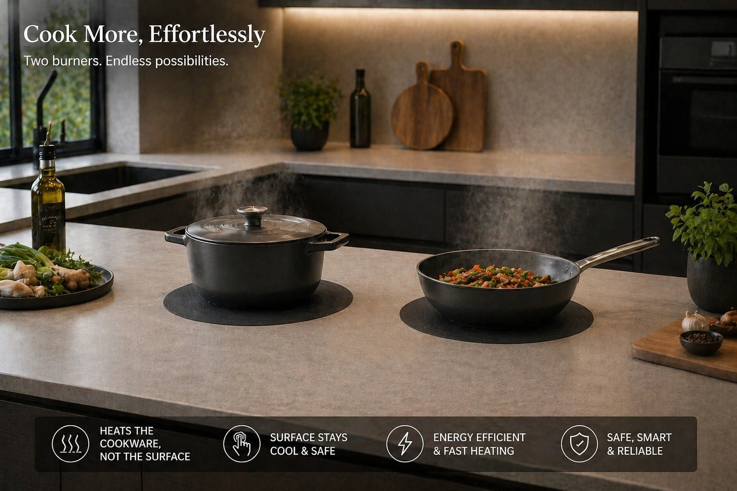 Seamless porcelain countertop with invisible induction cooking zone — no visible hob or glass panel
