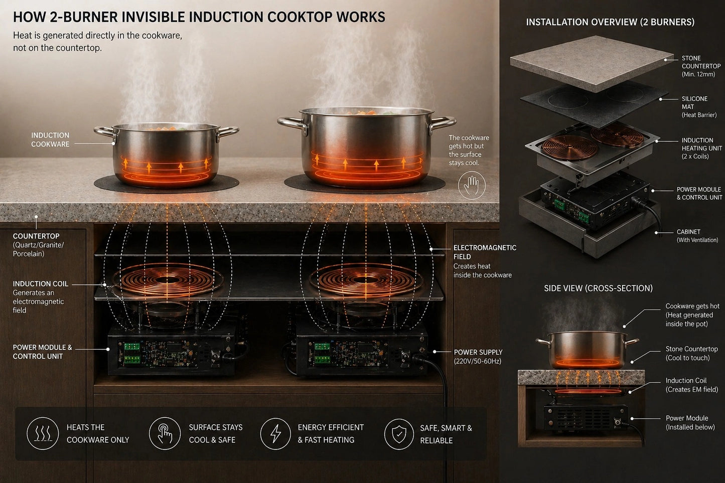 Under counter dual induction hob in use — stainless steel pan cooking on invisible granite surface