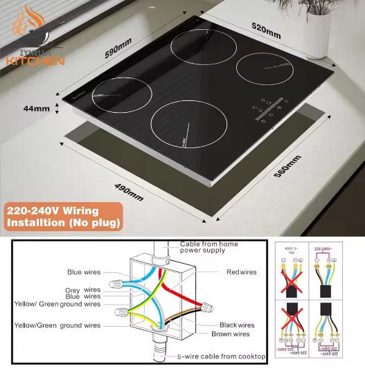 Zynella 60cm 4-Zone Ceramic Hob, Touch Slider Control, 6000W, Built-in, Safety Lock, Hardwired