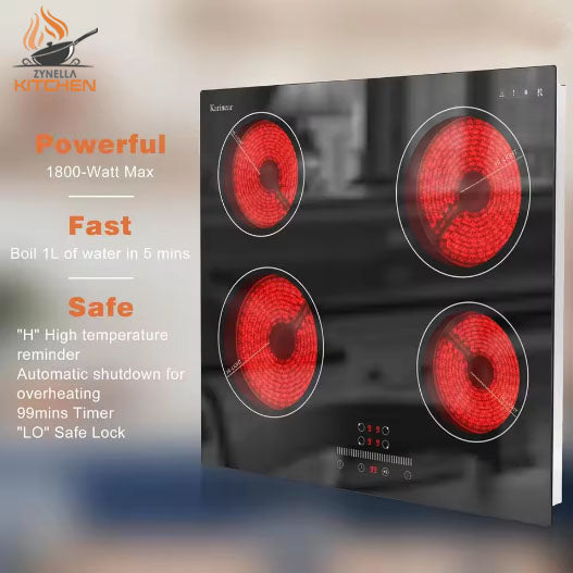 Zynella 60cm 4-Zone Ceramic Hob, Touch Slider Control, 6000W, Built-in, Safety Lock, Hardwired