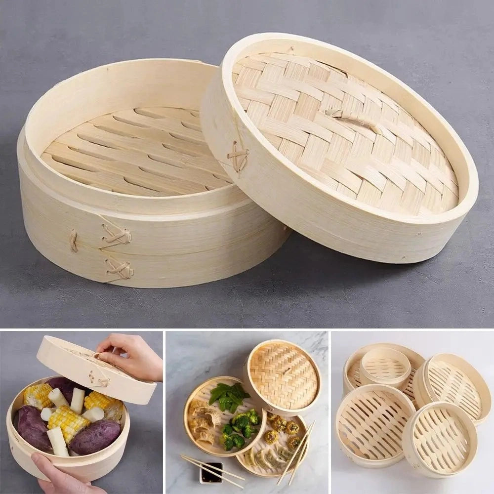 Zynella Bamboo Steamer Basket with Lid – Traditional Chinese Dumpling & Bao Bun Steamer