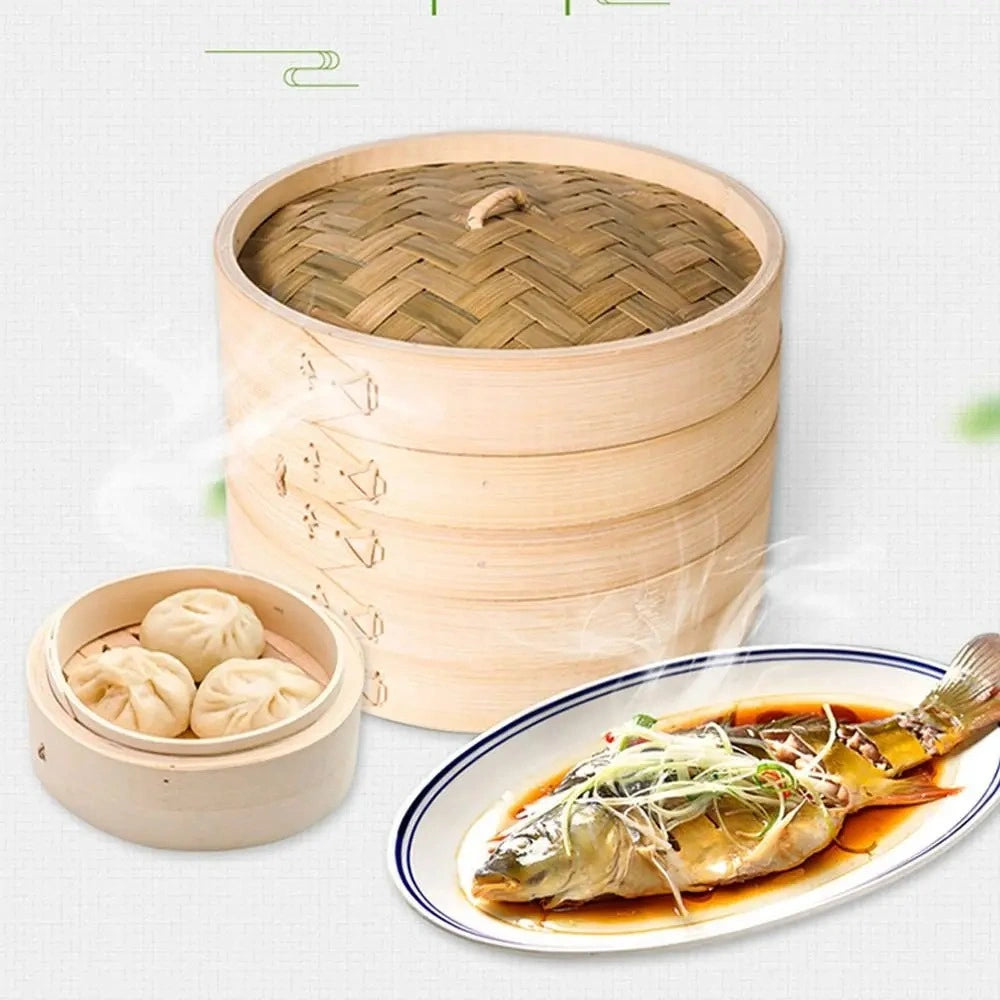 Zynella Bamboo Steamer Basket with Lid – Traditional Chinese Dumpling & Bao Bun Steamer