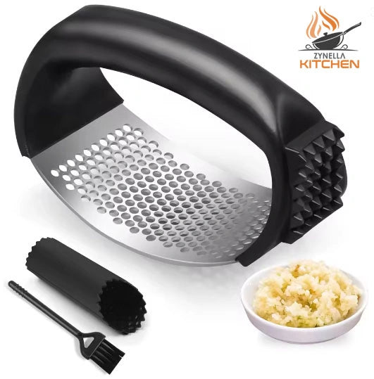 Stainless Steel Garlic Press Rocker – Easy-Squeeze Mincer with Peeler & Cleaning Brush