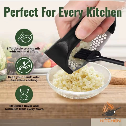 Stainless Steel Garlic Press Rocker – Easy-Squeeze Mincer with Peeler & Cleaning Brush