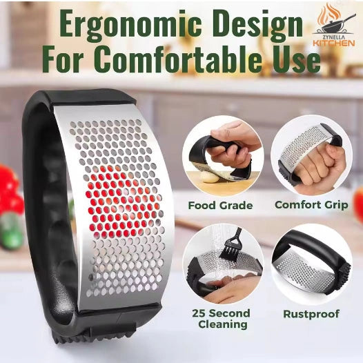 Stainless Steel Garlic Press Rocker – Easy-Squeeze Mincer with Peeler & Cleaning Brush