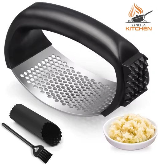 Stainless Steel Garlic Press Rocker – Easy-Squeeze Mincer with Peeler & Cleaning Brush