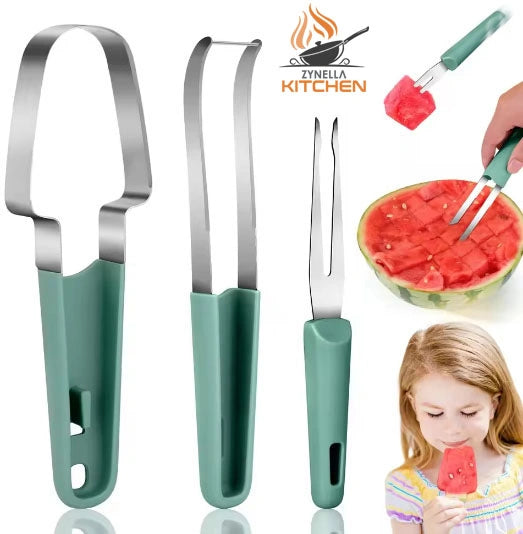 3-in-1 Watermelon Fork Slicer Cutter – Stainless Steel Fruit Cutting Tool