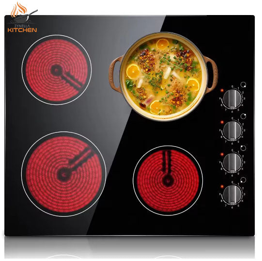 Zynella 24-Inch 4-Burner Electric Cooktop – Hardwired, Knob Control, 220-240V, 6000W
