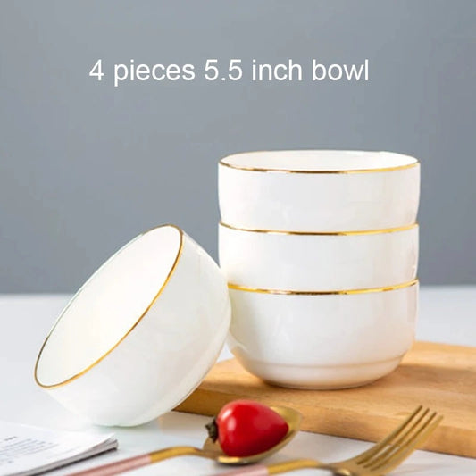 Zynella Set of 4 Bone China Porcelain Pasta Bowls with Gold Rim