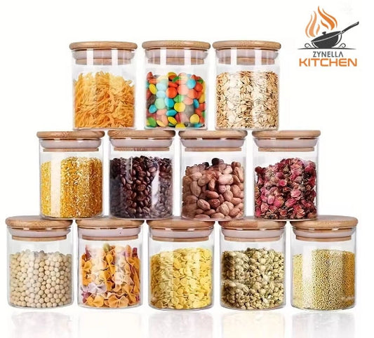Zynella 12-Pack Glass Spice Jars with Bamboo Lids
