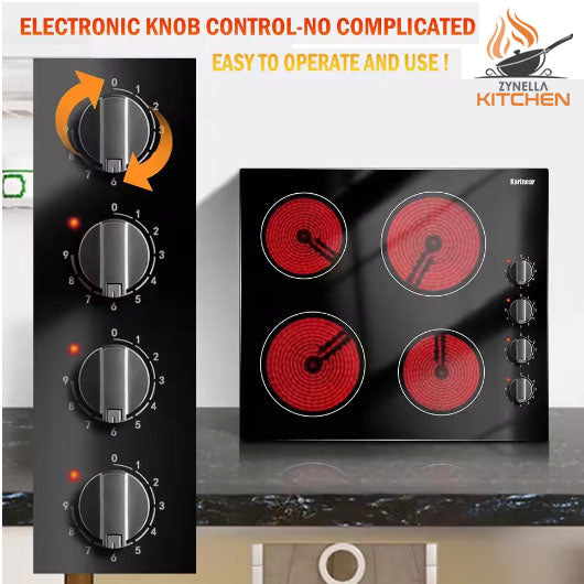 Zynella 24-Inch 4-Burner Electric Cooktop – Hardwired, Knob Control, 220-240V, 6000W